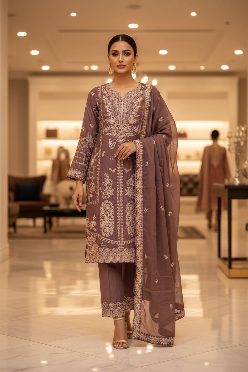 ETHN Three Shades of Elegance: Embroidered Luxury Ensemble with Hem Detail Trousers – Mint Green, Deep Mauve & Spanish Violet