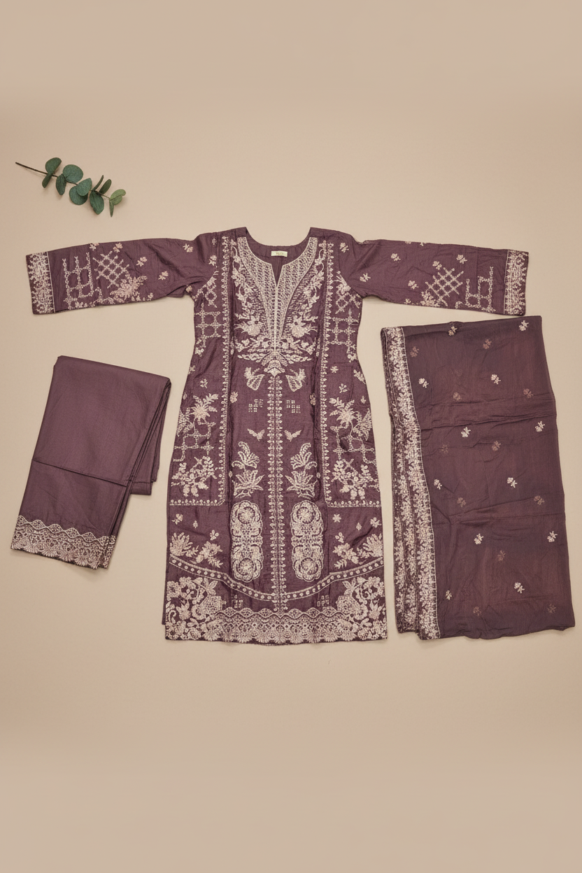 ETHN Three Shades of Elegance: Embroidered Luxury Ensemble with Hem Detail Trousers – Mint Green, Deep Mauve & Spanish Violet