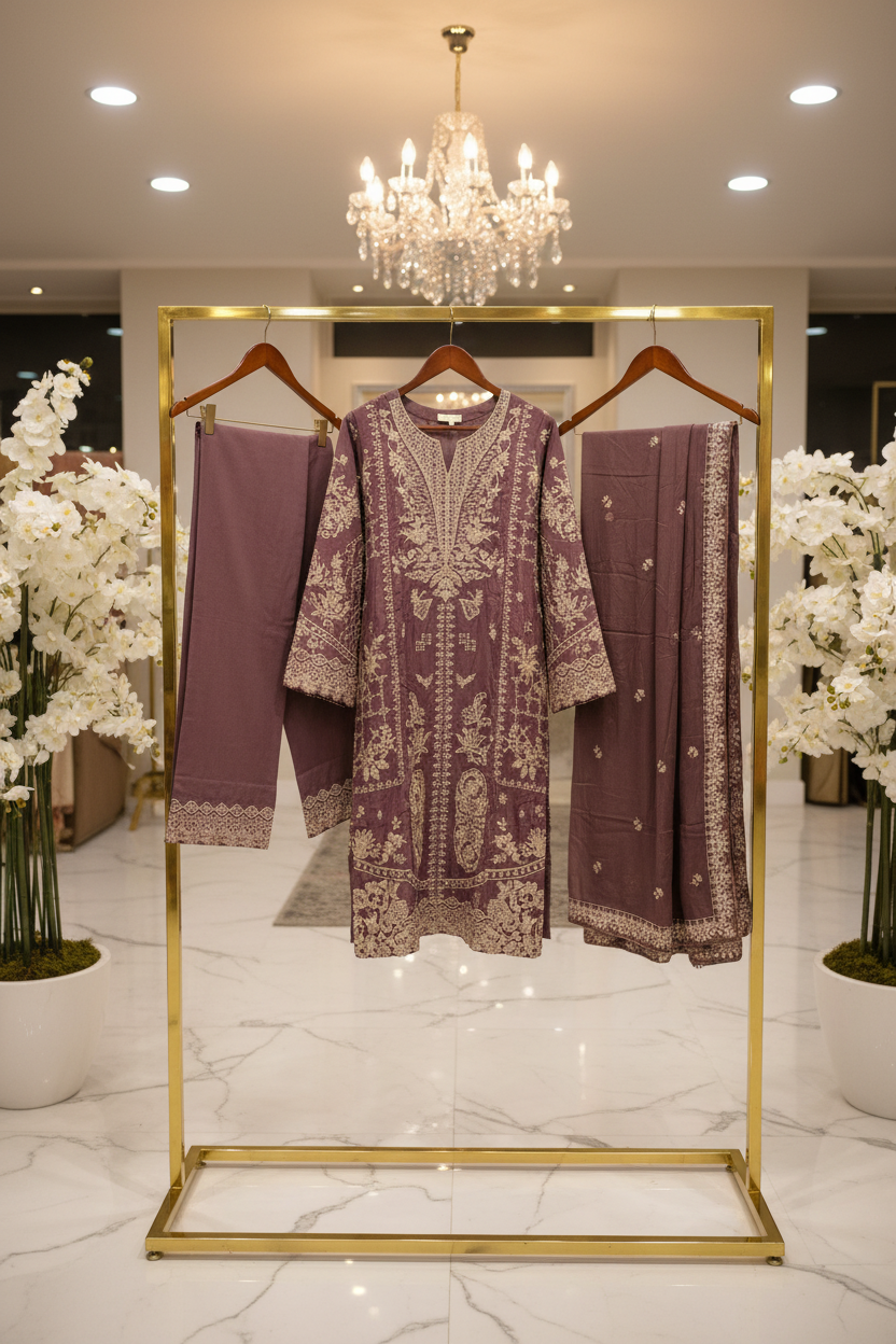 ETHN Three Shades of Elegance: Embroidered Luxury Ensemble with Hem Detail Trousers – Mint Green, Deep Mauve & Spanish Violet