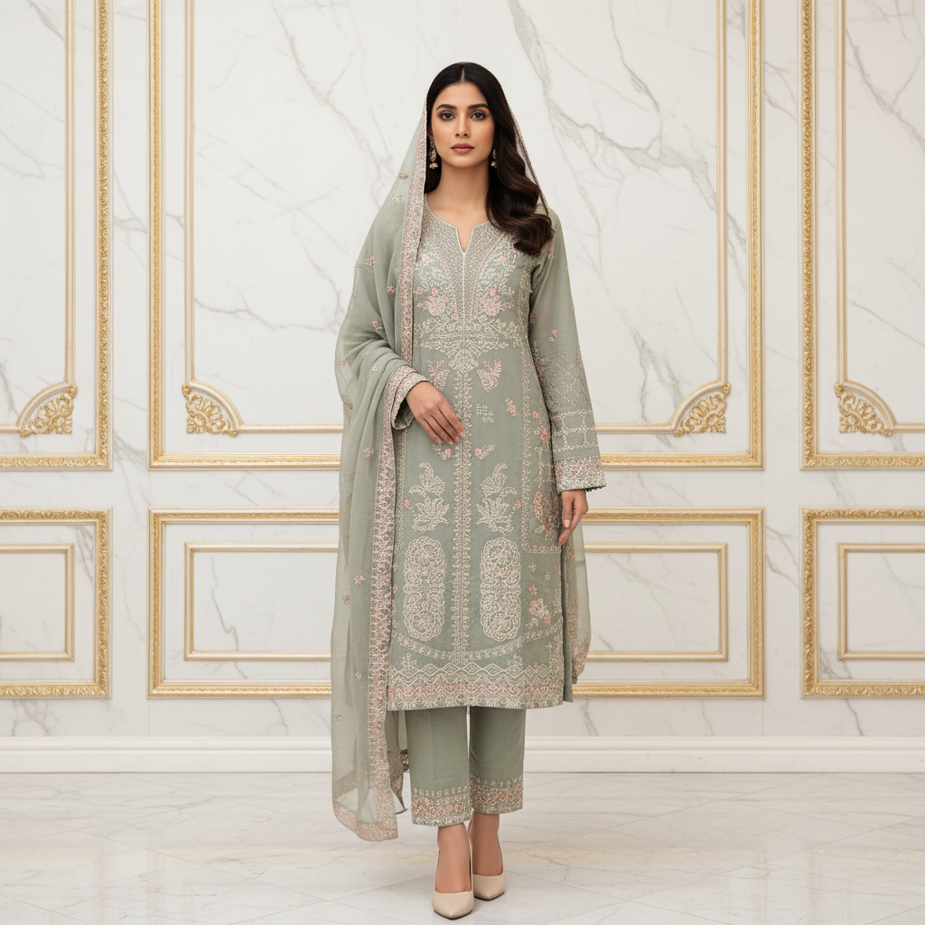 ETHN Three Shades of Elegance: Embroidered Luxury Ensemble with Hem Detail Trousers – Mint Green, Deep Mauve & Spanish Violet