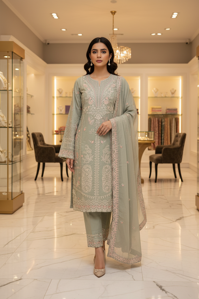 ETHN Three Shades of Elegance: Embroidered Luxury Ensemble with Hem Detail Trousers – Mint Green, Deep Mauve & Spanish Violet