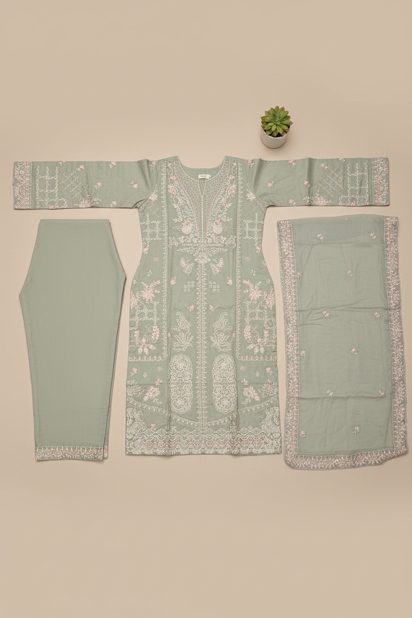 ETHN Three Shades of Elegance: Embroidered Luxury Ensemble with Hem Detail Trousers – Mint Green, Deep Mauve & Spanish Violet