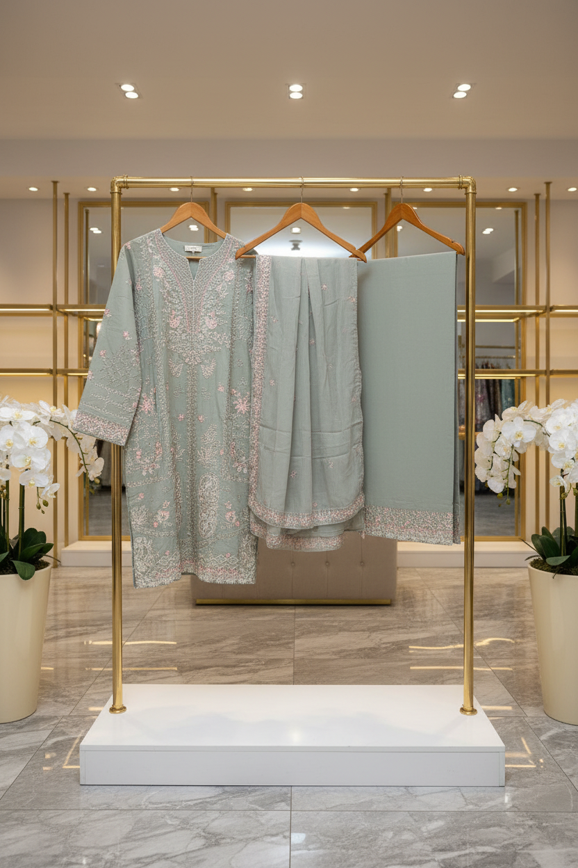ETHN Three Shades of Elegance: Embroidered Luxury Ensemble with Hem Detail Trousers – Mint Green, Deep Mauve & Spanish Violet