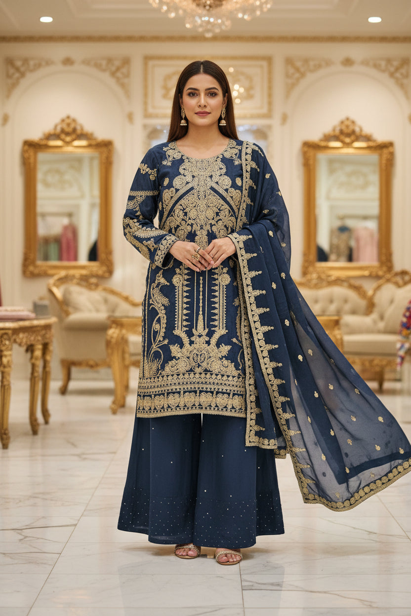 The Regal Stonework Ensemble: Heavy Zari & Stone Embroidered Shirt with Palazzo & Motif Dupatta – Deep Dusty Plum, Slate Grey, Mustard Yellow, Emerald Green, Dark Teal Blue & Lilac