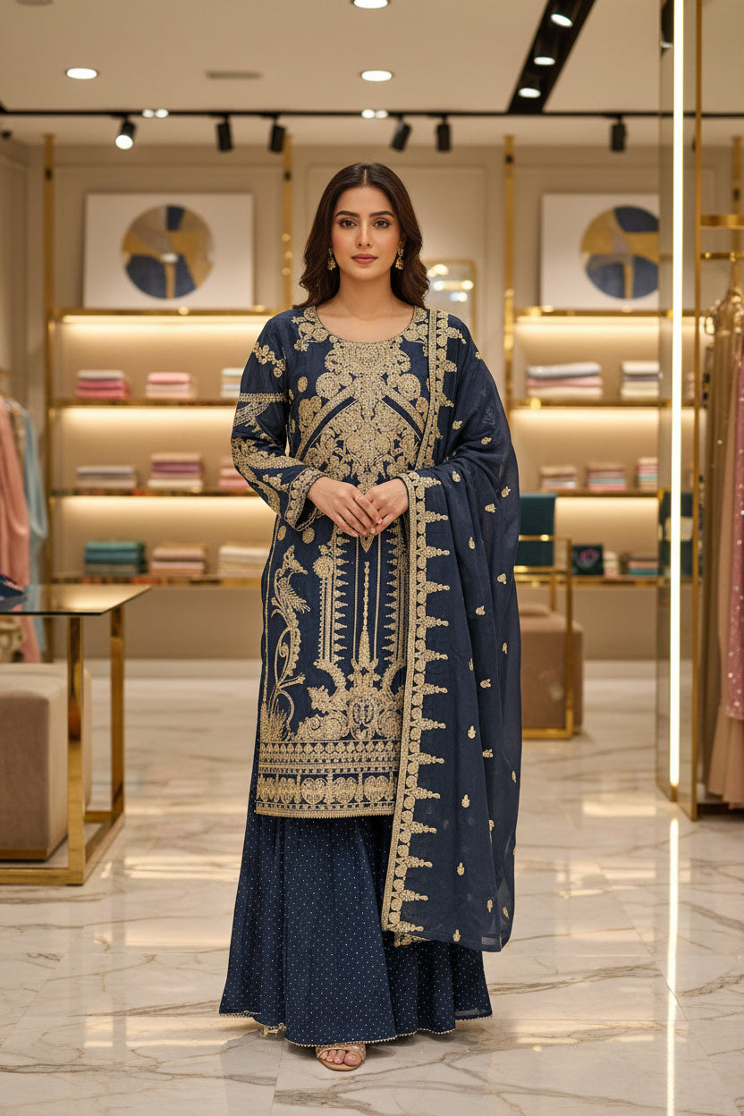 The Regal Stonework Ensemble: Heavy Zari & Stone Embroidered Shirt with Palazzo & Motif Dupatta – Deep Dusty Plum, Slate Grey, Mustard Yellow, Emerald Green, Dark Teal Blue & Lilac