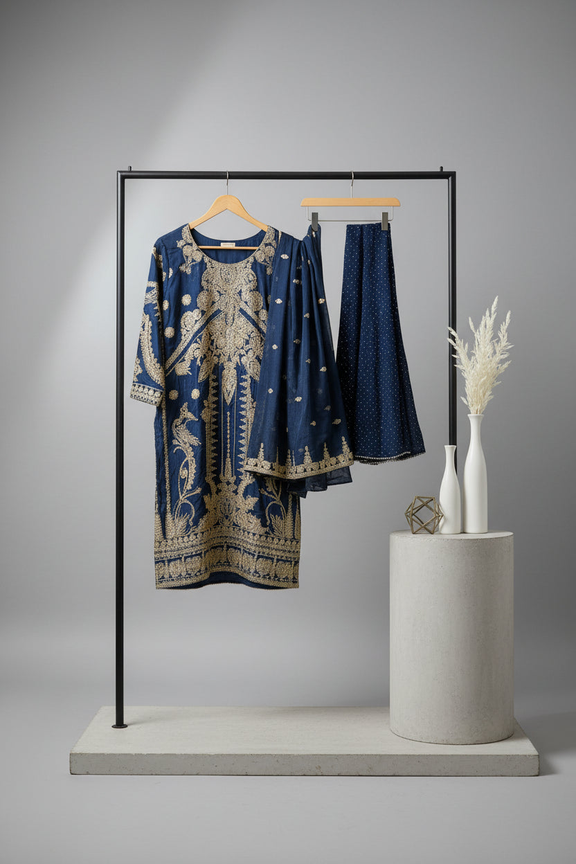 The Regal Stonework Ensemble: Heavy Zari & Stone Embroidered Shirt with Palazzo & Motif Dupatta – Deep Dusty Plum, Slate Grey, Mustard Yellow, Emerald Green, Dark Teal Blue & Lilac