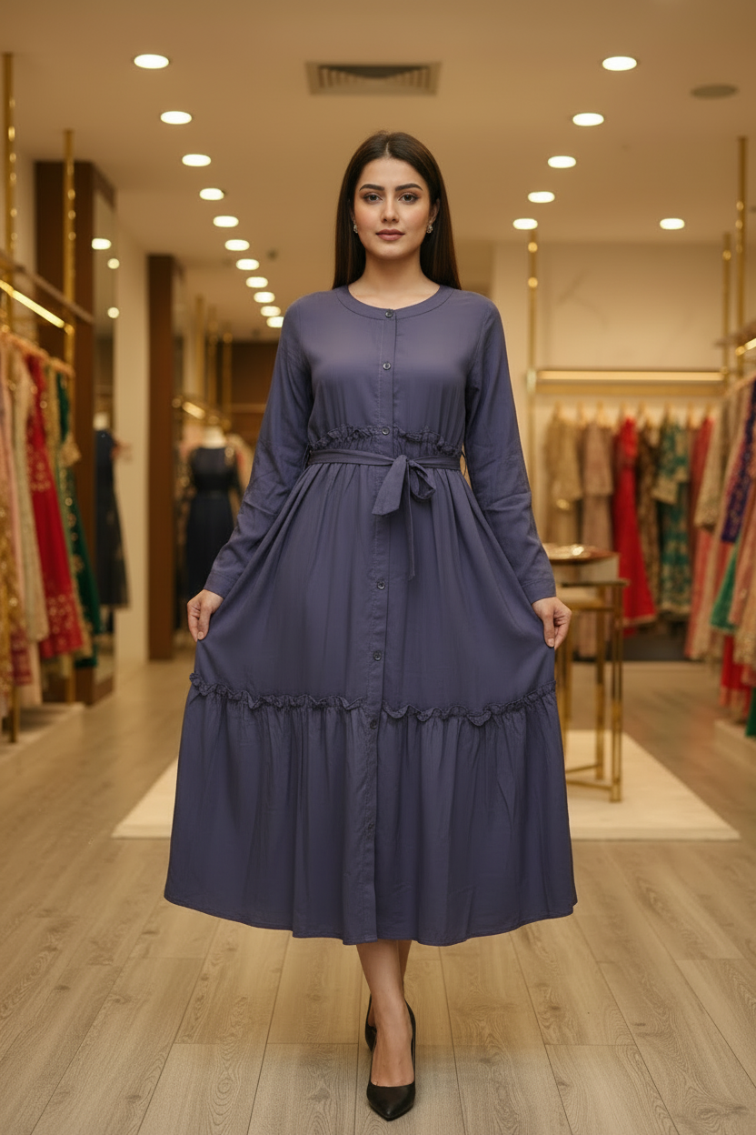 The Dreamy Gown Collection | Pleated Linen Viscose Long Dress for Women | Casual Everyday Wear in Dolphin Dream, Baby Sky, and Chocolate