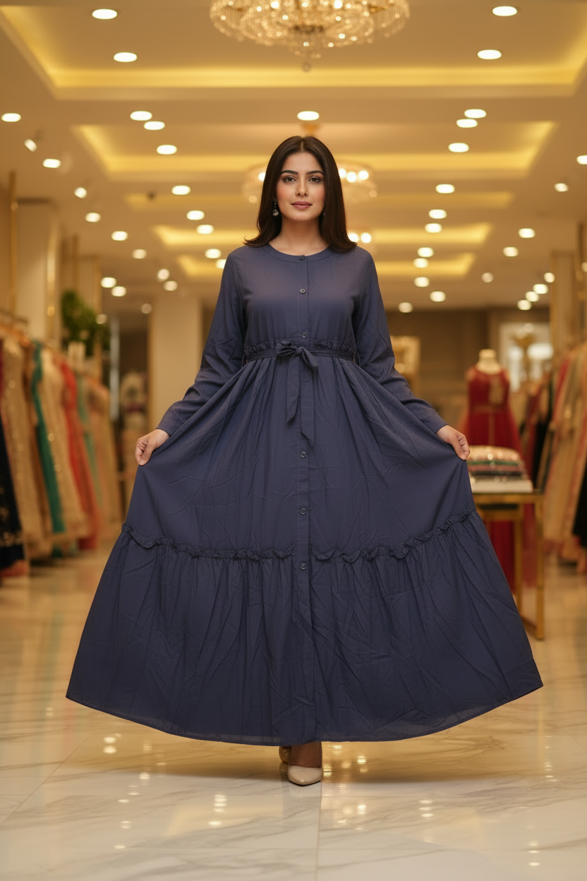 The Dreamy Gown Collection | Pleated Linen Viscose Long Dress for Women | Casual Everyday Wear in Dolphin Dream, Baby Sky, and Chocolate