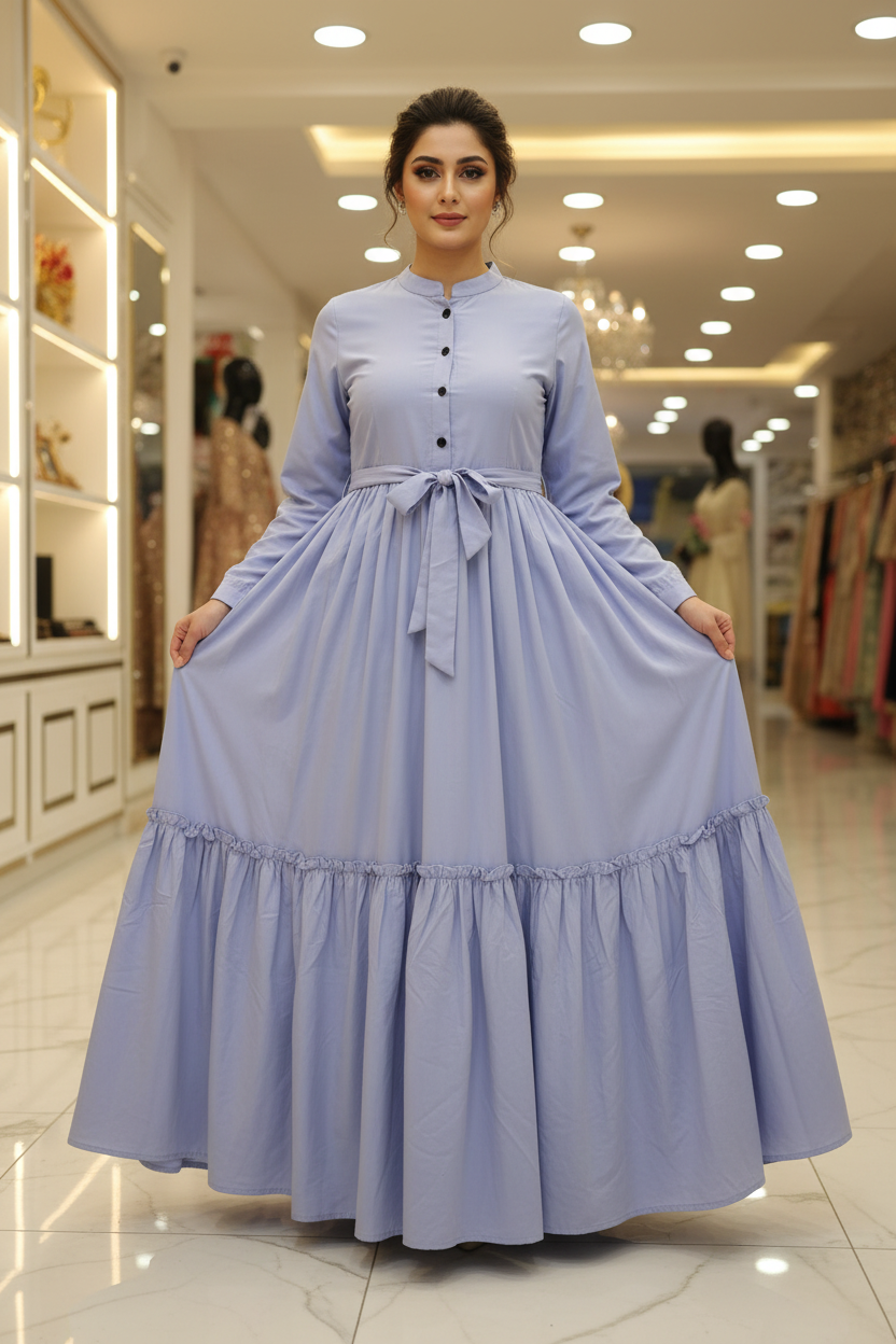 The Dreamy Gown Collection | Pleated Linen Viscose Long Dress for Women | Casual Everyday Wear in Dolphin Dream, Baby Sky, and Chocolate