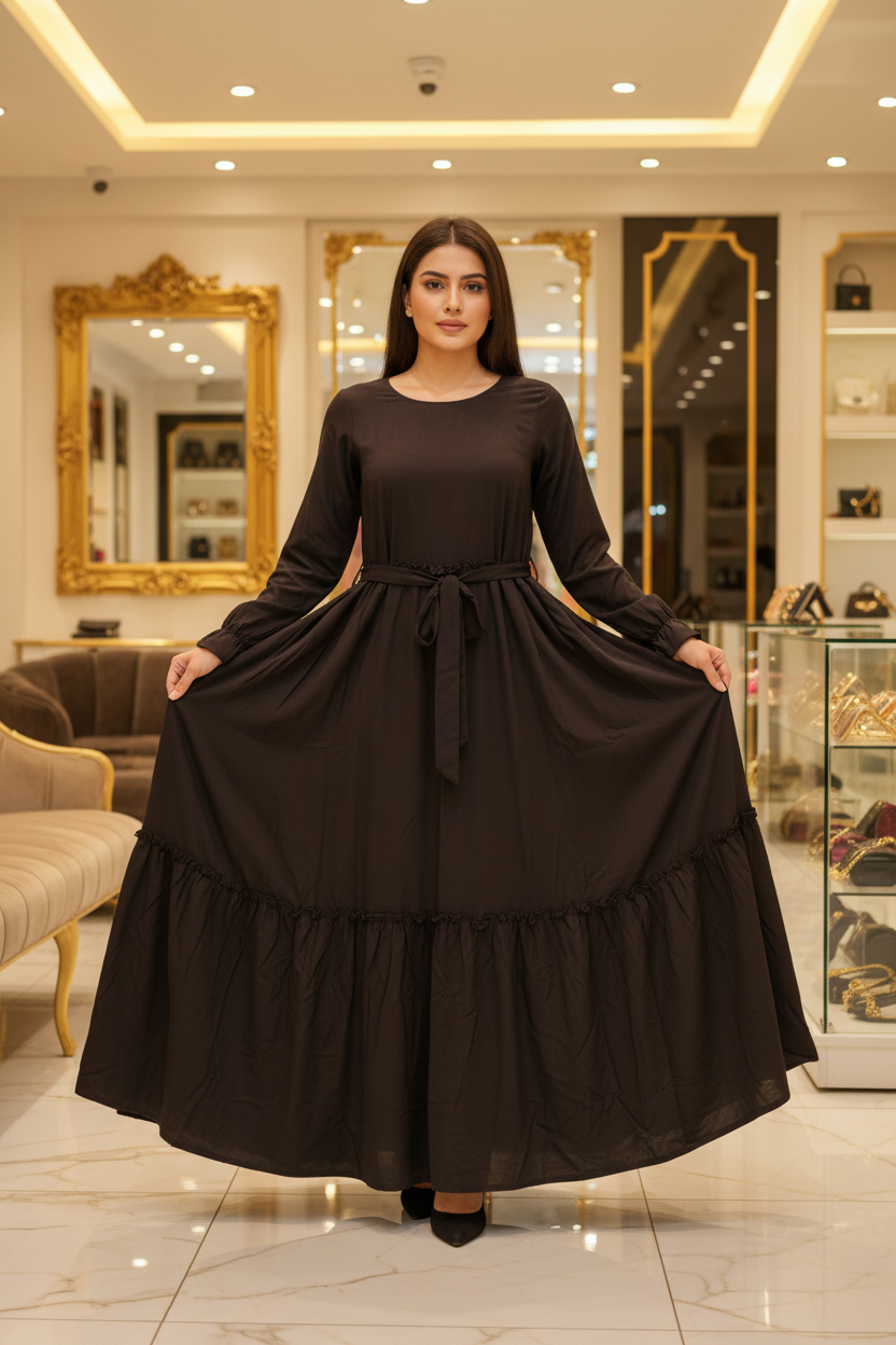 The Dreamy Gown Collection | Pleated Linen Viscose Long Dress for Women | Casual Everyday Wear in Dolphin Dream, Baby Sky, and Chocolate