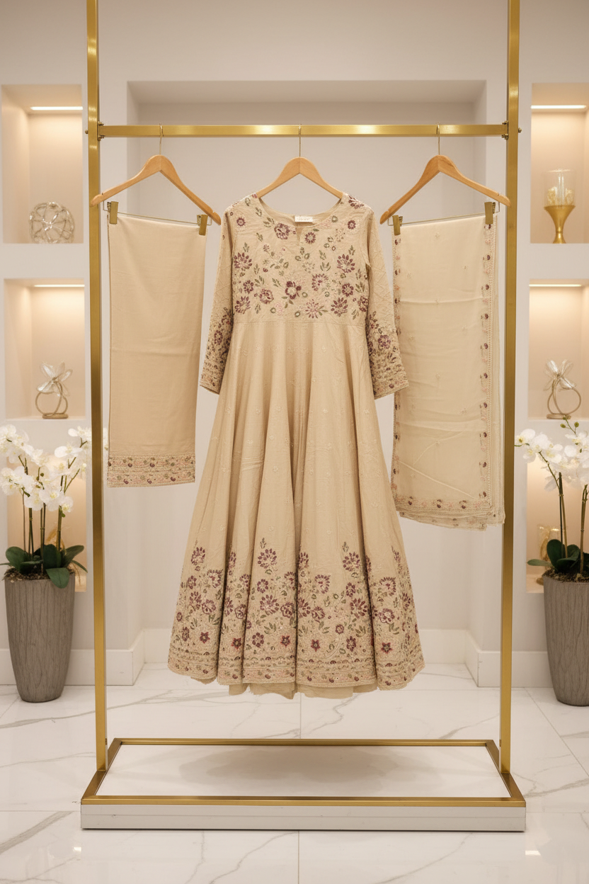 ETHN The Linen Luxe Edit: Embroidered Dress & Chiffon Dupatta – Coral Rose, Teal Green & Macaroon Cream