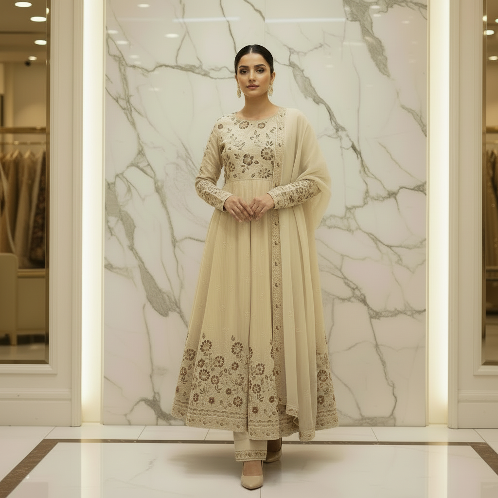 ETHN The Linen Luxe Edit: Embroidered Dress & Chiffon Dupatta – Coral Rose, Teal Green & Macaroon Cream