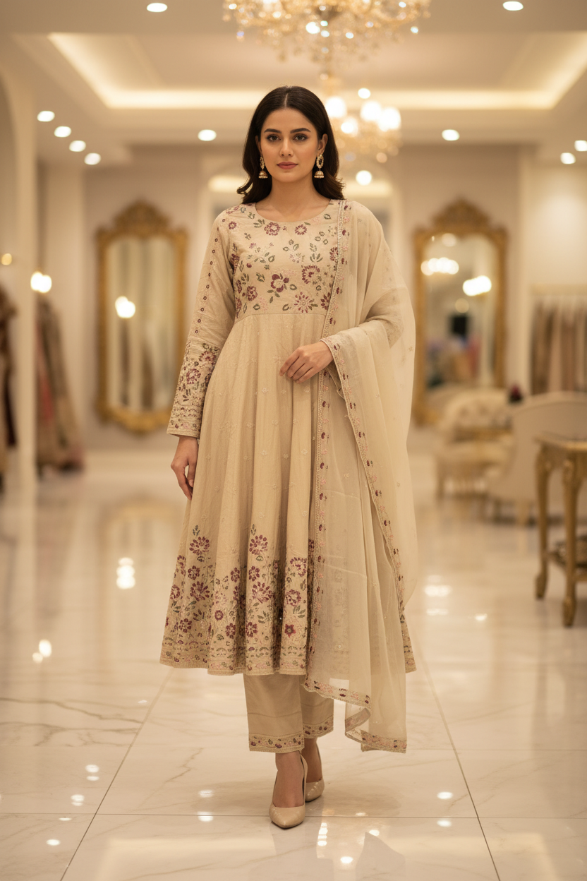 ETHN The Linen Luxe Edit: Embroidered Dress & Chiffon Dupatta – Coral Rose, Teal Green & Macaroon Cream