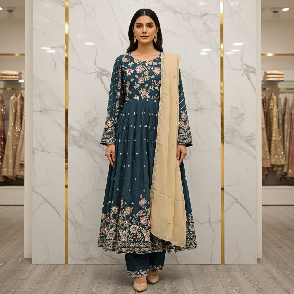 ETHN The Linen Luxe Edit: Embroidered Dress & Chiffon Dupatta – Coral Rose, Teal Green & Macaroon Cream