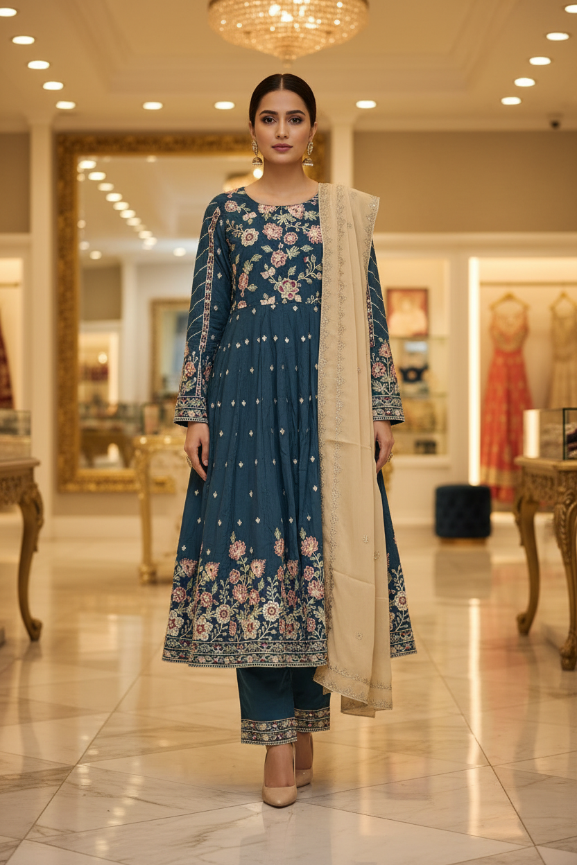 ETHN The Linen Luxe Edit: Embroidered Dress & Chiffon Dupatta – Deep Olive, Coral Rose, Teal Green & Macaroon Cream