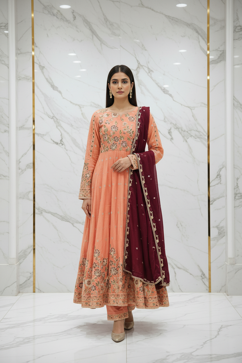 ETHN The Linen Luxe Edit: Embroidered Dress & Chiffon Dupatta – Coral Rose, Teal Green & Macaroon Cream