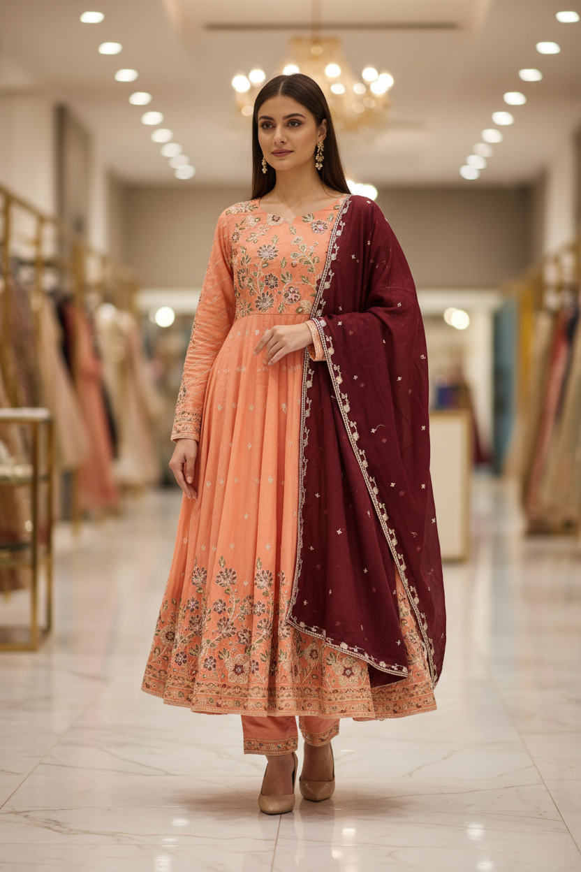 ETHN The Linen Luxe Edit: Embroidered Dress & Chiffon Dupatta – Coral Rose, Teal Green & Macaroon Cream