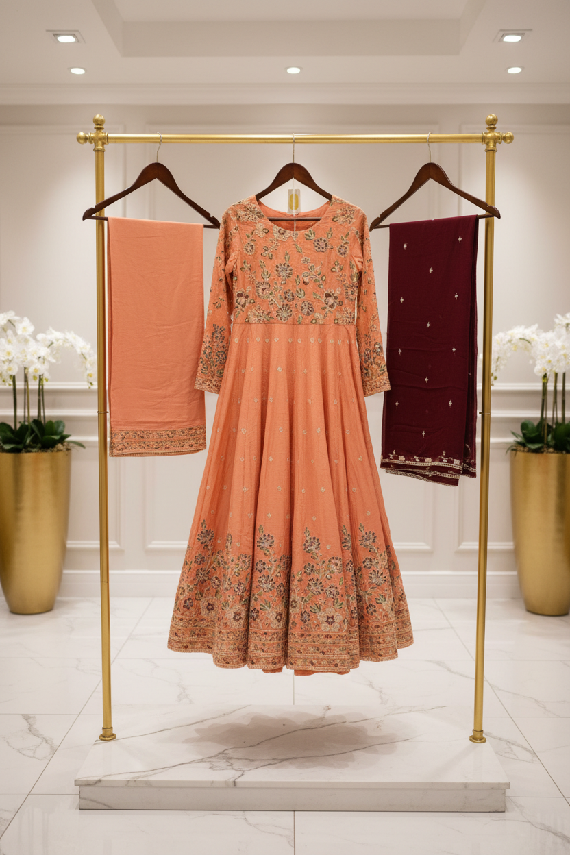 ETHN The Linen Luxe Edit: Embroidered Dress & Chiffon Dupatta – Deep Olive, Coral Rose, Teal Green & Macaroon Cream