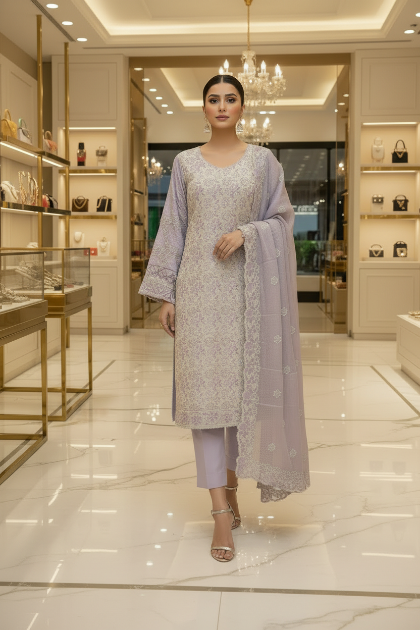 Shimmer Silk Pearl Work Ensemble: Embroidered Kameez, Chiffon Dupatta & Silk Trousers – Lavender, Dusty Mauve, Pastel Pink & Mint Green