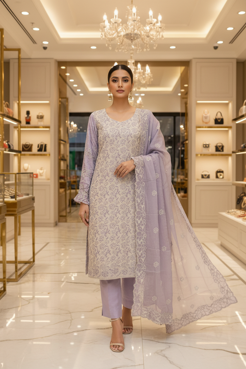 Shimmer Silk Pearl Work Ensemble: Embroidered Kameez, Chiffon Dupatta & Silk Trousers – Lavender, Dusty Mauve, Pastel Pink & Mint Green