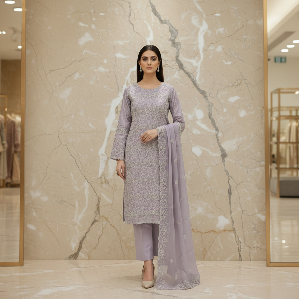 Shimmer Silk Pearl Work Ensemble: Embroidered Kameez, Chiffon Dupatta & Silk Trousers – Lavender, Dusty Mauve, Pastel Pink & Mint Green