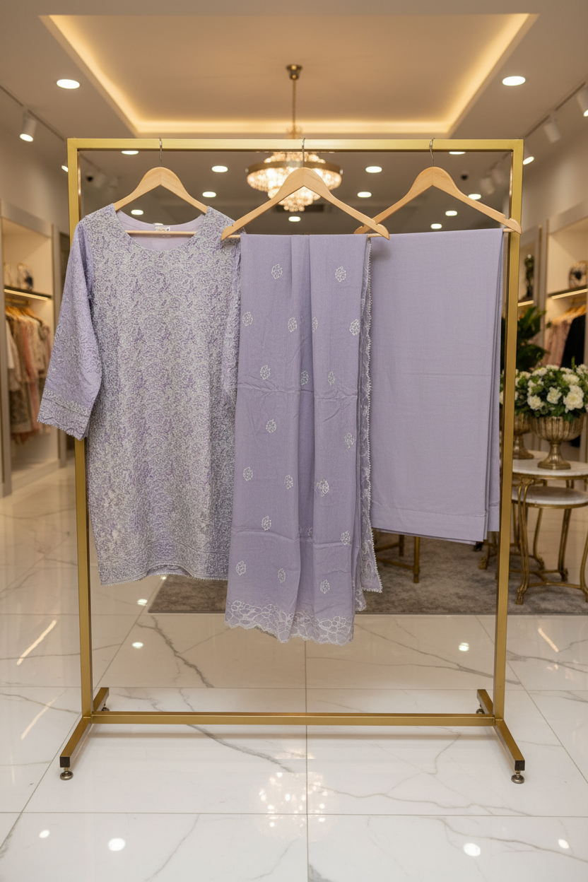 Shimmer Silk Pearl Work Ensemble: Embroidered Kameez, Chiffon Dupatta & Silk Trousers – Lavender, Dusty Mauve, Pastel Pink & Mint Green