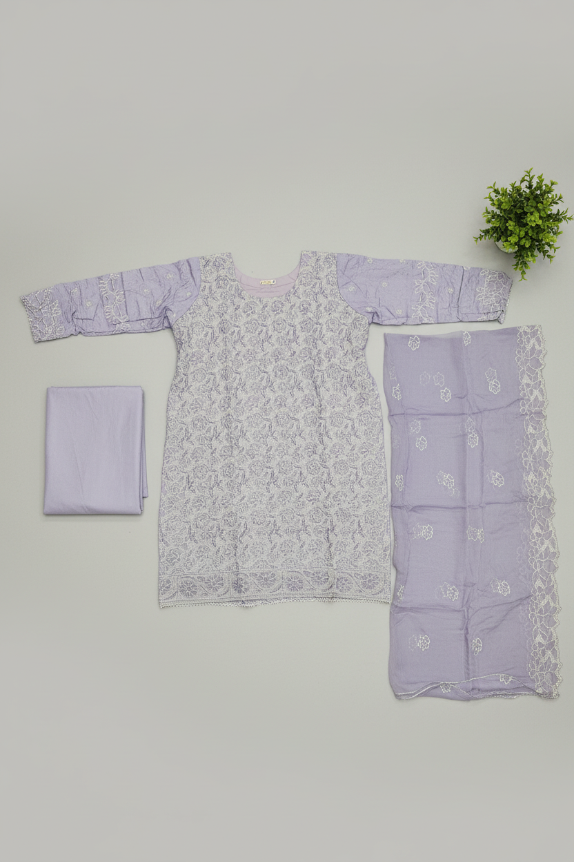 Shimmer Silk Pearl Work Ensemble: Embroidered Kameez, Chiffon Dupatta & Silk Trousers – Lavender, Dusty Mauve, Pastel Pink & Mint Green