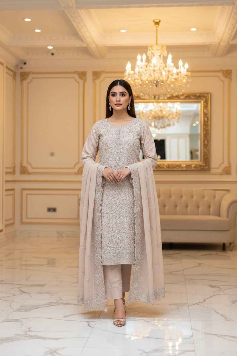 Shimmer Silk Pearl Work Ensemble: Embroidered Kameez, Chiffon Dupatta & Silk Trousers – Lavender, Dusty Mauve, Pastel Pink & Mint Green