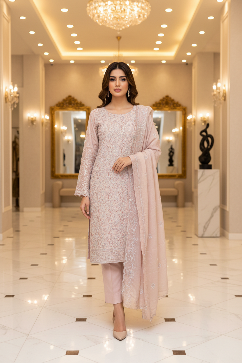 Shimmer Silk Pearl Work Ensemble: Embroidered Kameez, Chiffon Dupatta & Silk Trousers – Lavender, Dusty Mauve, Pastel Pink & Mint Green