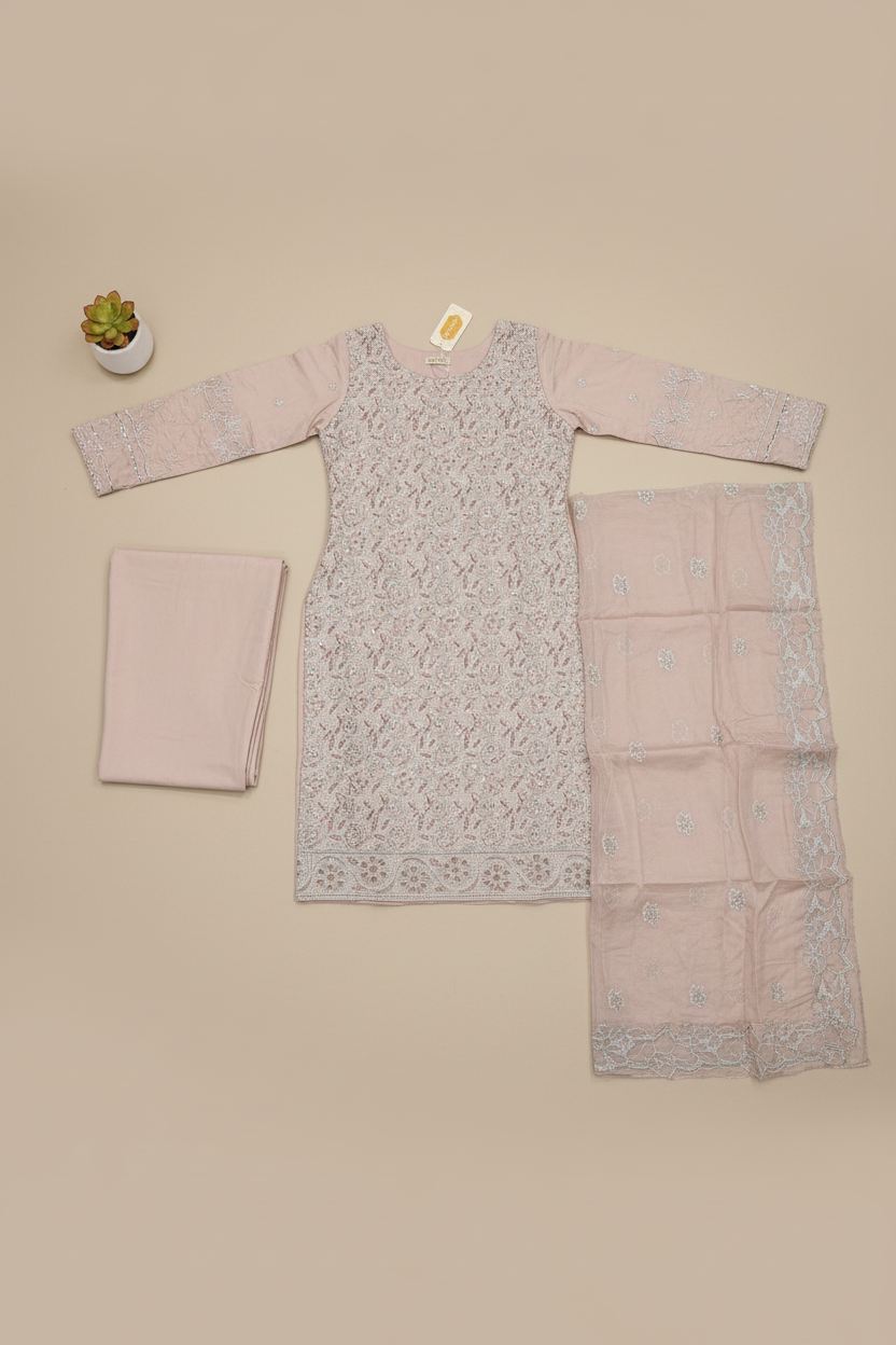 Shimmer Silk Pearl Work Ensemble: Embroidered Kameez, Chiffon Dupatta & Silk Trousers – Lavender, Dusty Mauve, Pastel Pink & Mint Green