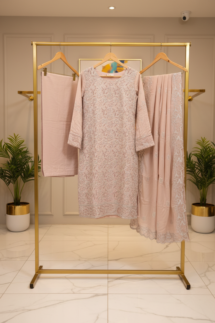 Shimmer Silk Pearl Work Ensemble: Embroidered Kameez, Chiffon Dupatta & Silk Trousers – Lavender, Dusty Mauve, Pastel Pink & Mint Green