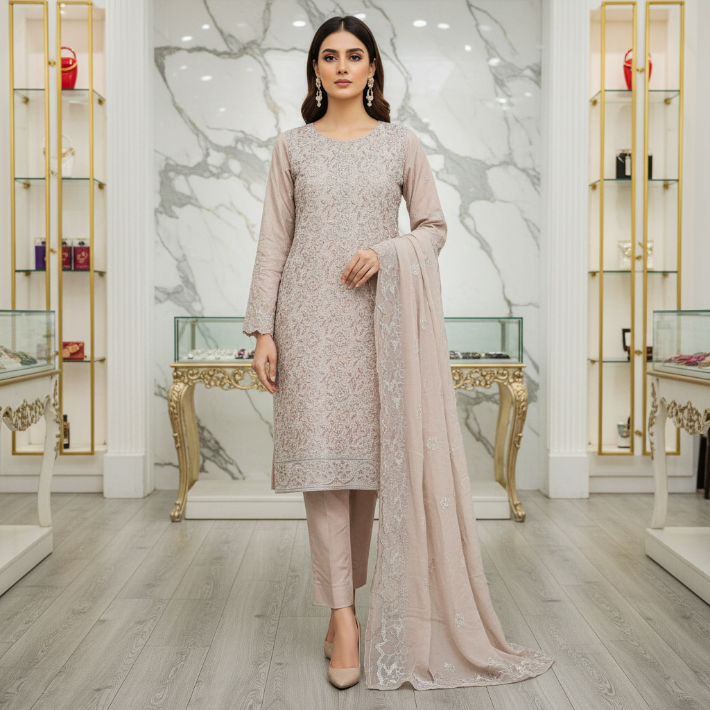 The Pearl Edit | Shimmer Silk Shalwar Kameez with Embroidered Dupatta | Lavender, Dusty Mauve and Pastel Pink