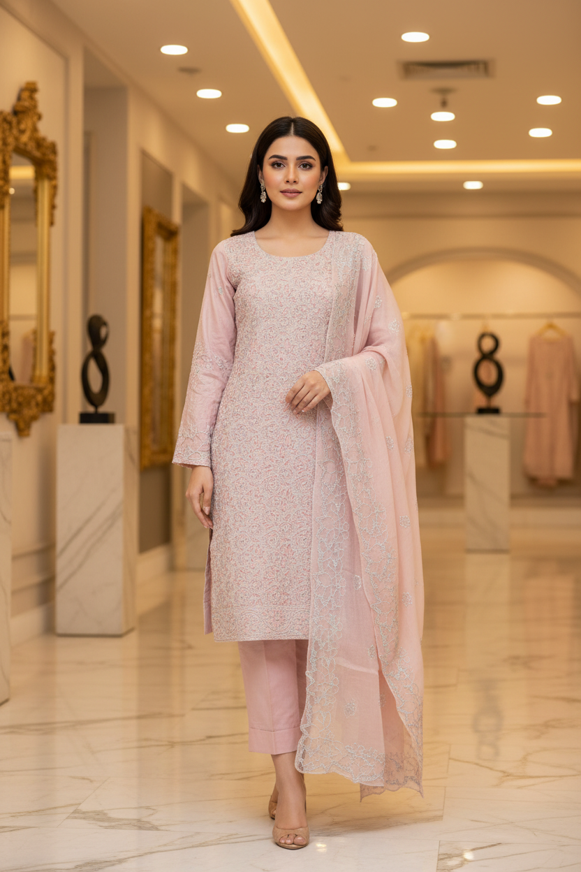 Shimmer Silk Pearl Work Ensemble: Embroidered Kameez, Chiffon Dupatta & Silk Trousers – Lavender, Dusty Mauve, Pastel Pink & Mint Green