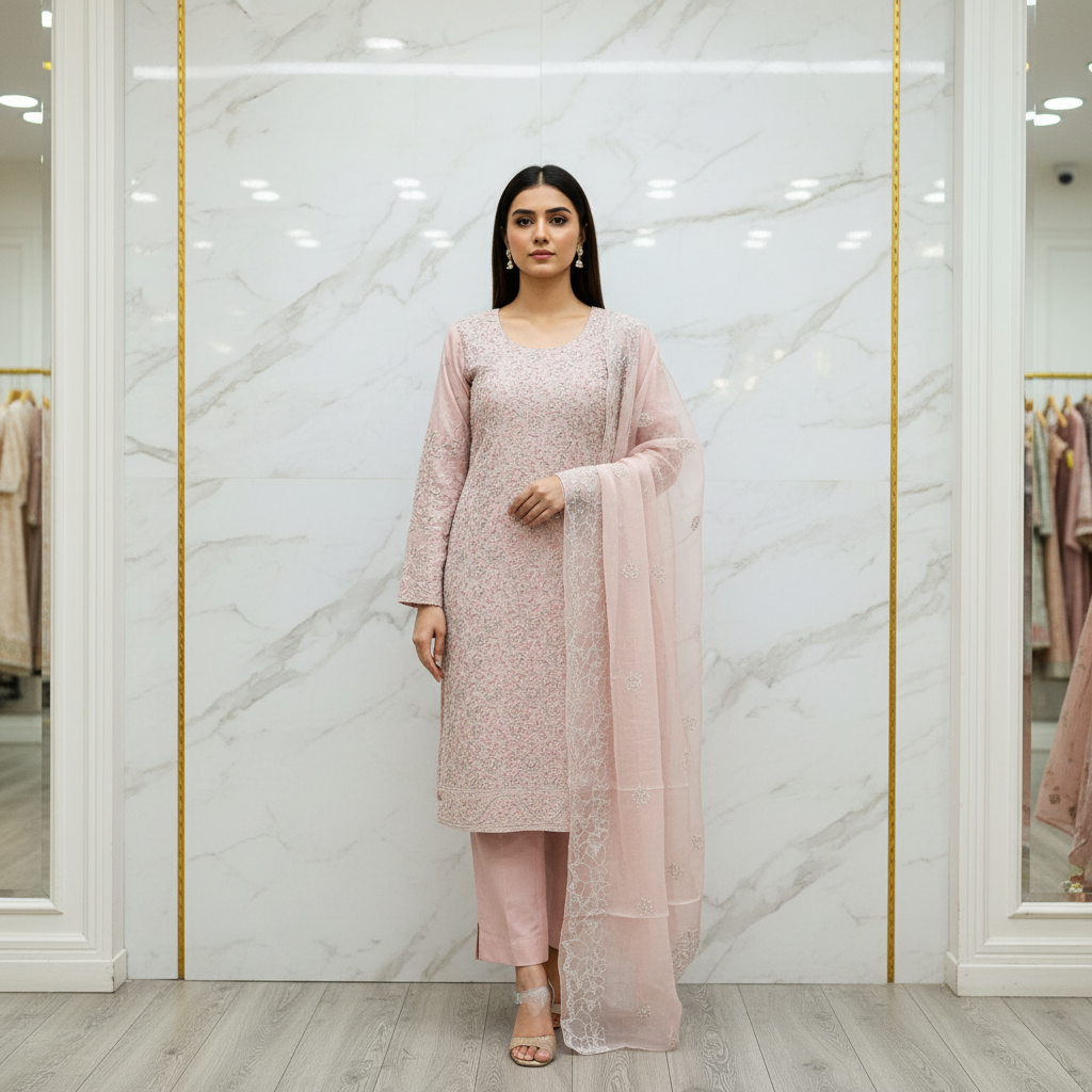 The Pearl Edit | Shimmer Silk Shalwar Kameez with Embroidered Dupatta | Lavender, Dusty Mauve and Pastel Pink