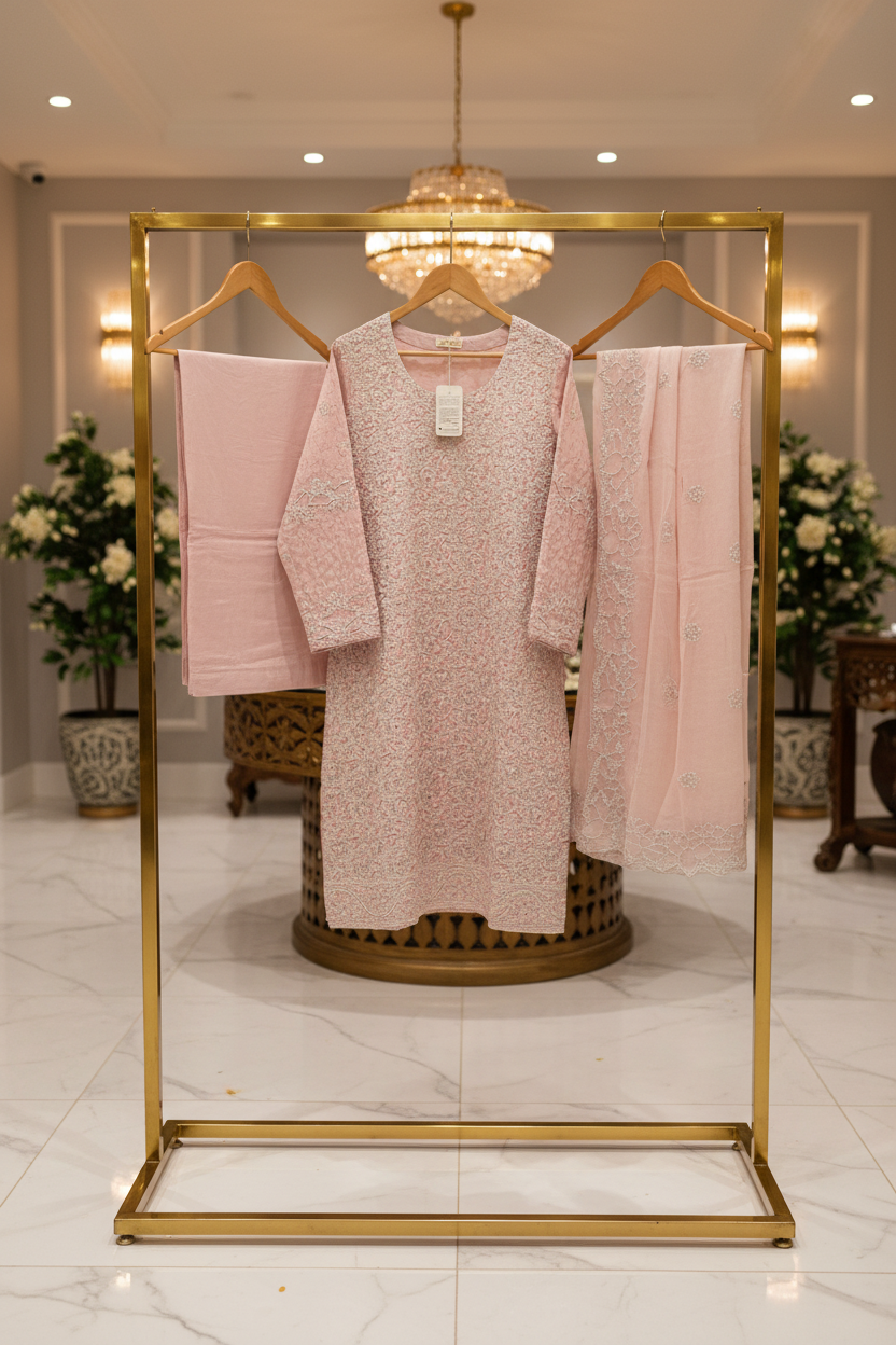Shimmer Silk Pearl Work Ensemble: Embroidered Kameez, Chiffon Dupatta & Silk Trousers – Lavender, Dusty Mauve, Pastel Pink & Mint Green