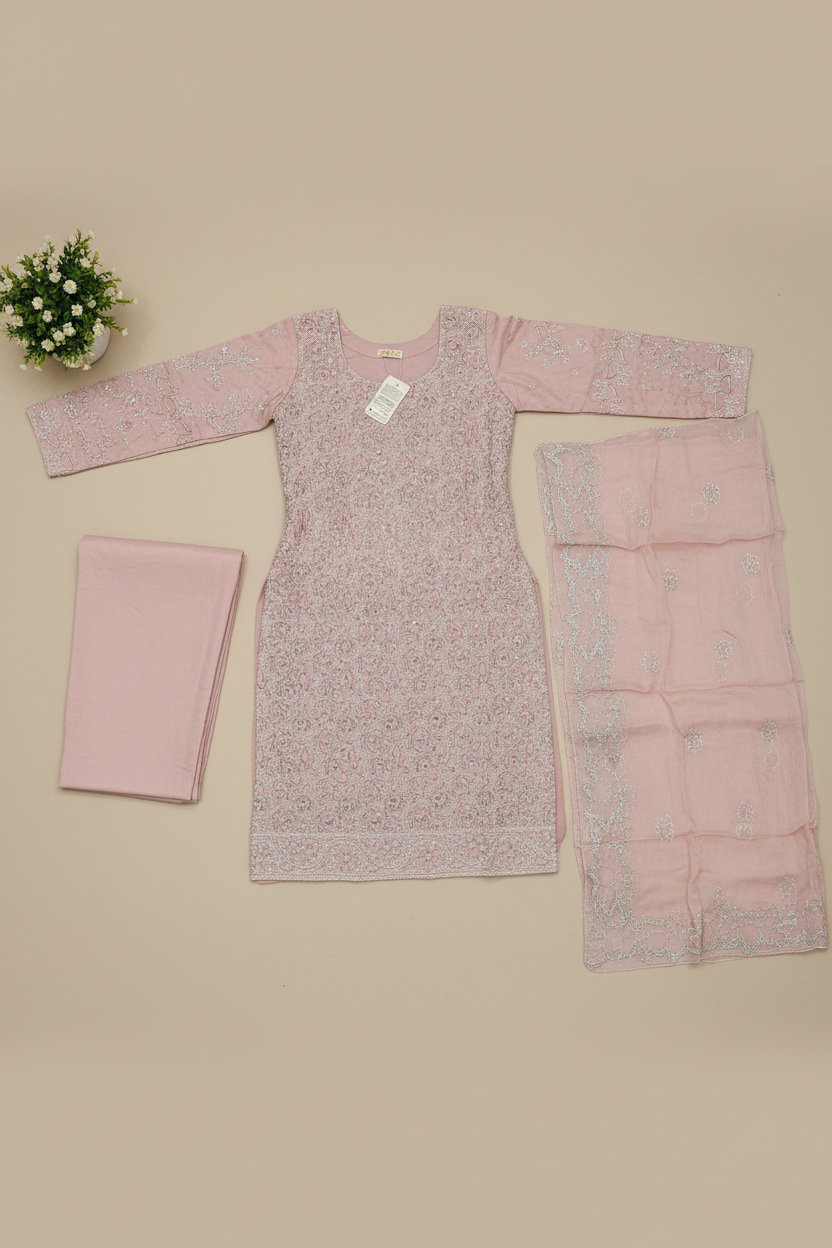 Shimmer Silk Pearl Work Ensemble: Embroidered Kameez, Chiffon Dupatta & Silk Trousers – Lavender, Dusty Mauve, Pastel Pink & Mint Green