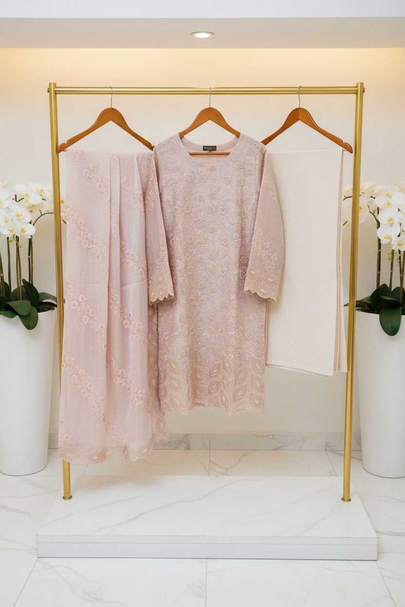 Ethereal Beads and Pearl Shalwar Kameez | Shimmer Silk with Cutwork Details in Egyptian Teal, Black and Pink Lemonade