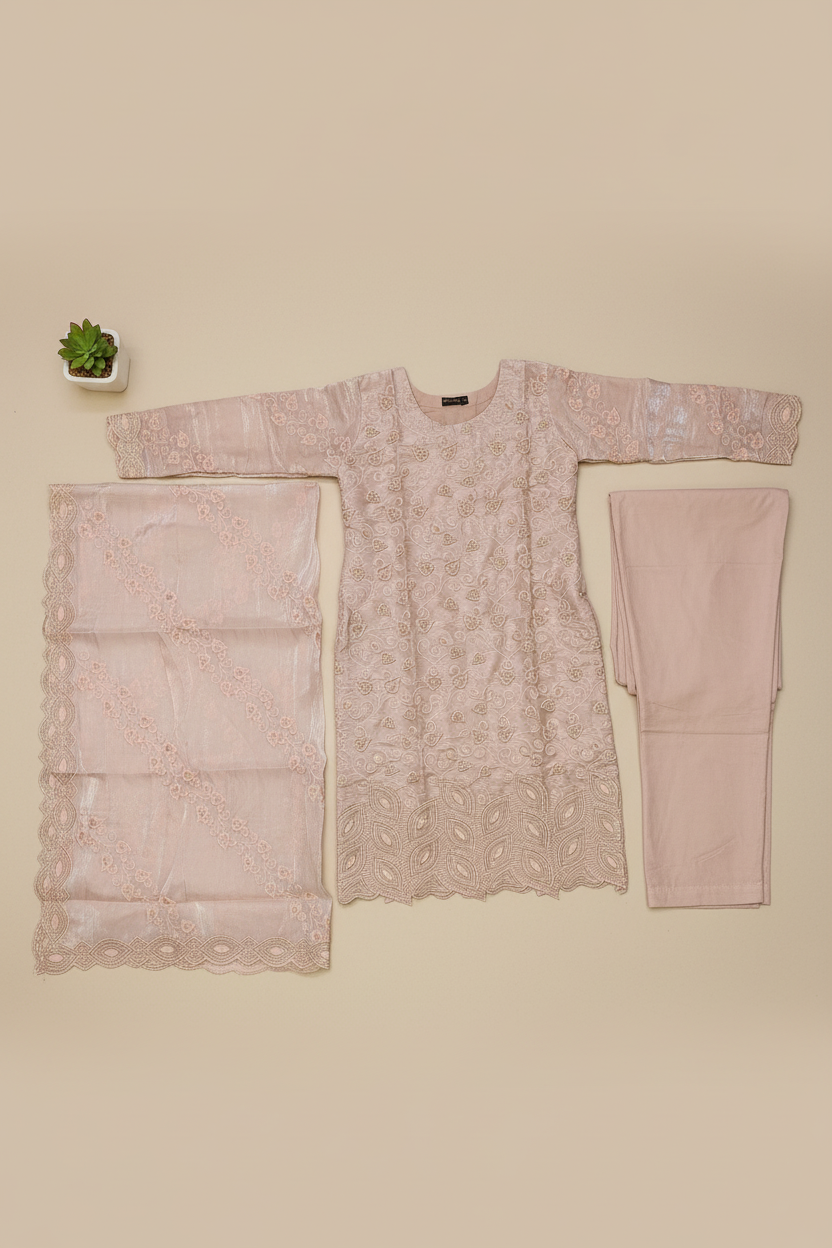 Ethereal Beads and Pearl Shalwar Kameez | Shimmer Silk with Cutwork Details in Egyptian Teal, Black and Pink Lemonade