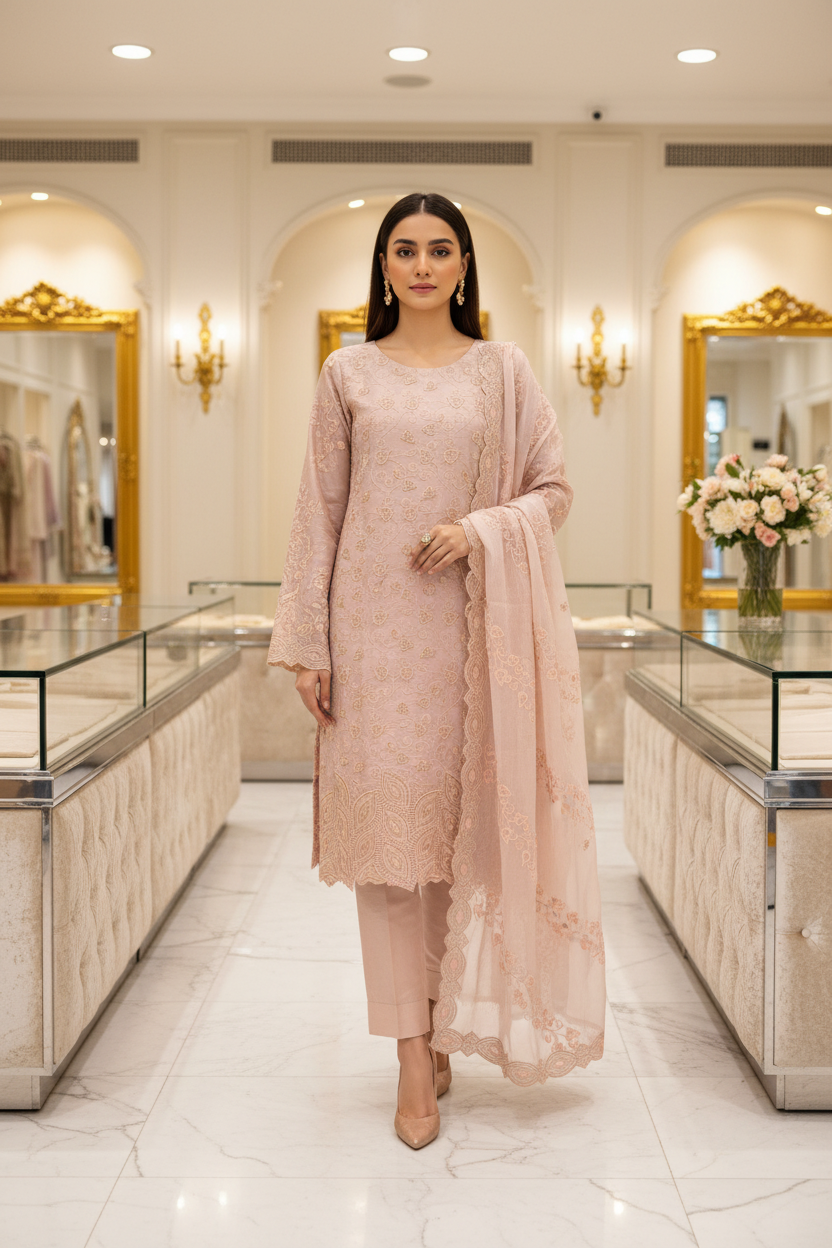 Ethereal Beads and Pearl Shalwar Kameez | Shimmer Silk with Cutwork Details in Egyptian Teal, Black and Pink Lemonade