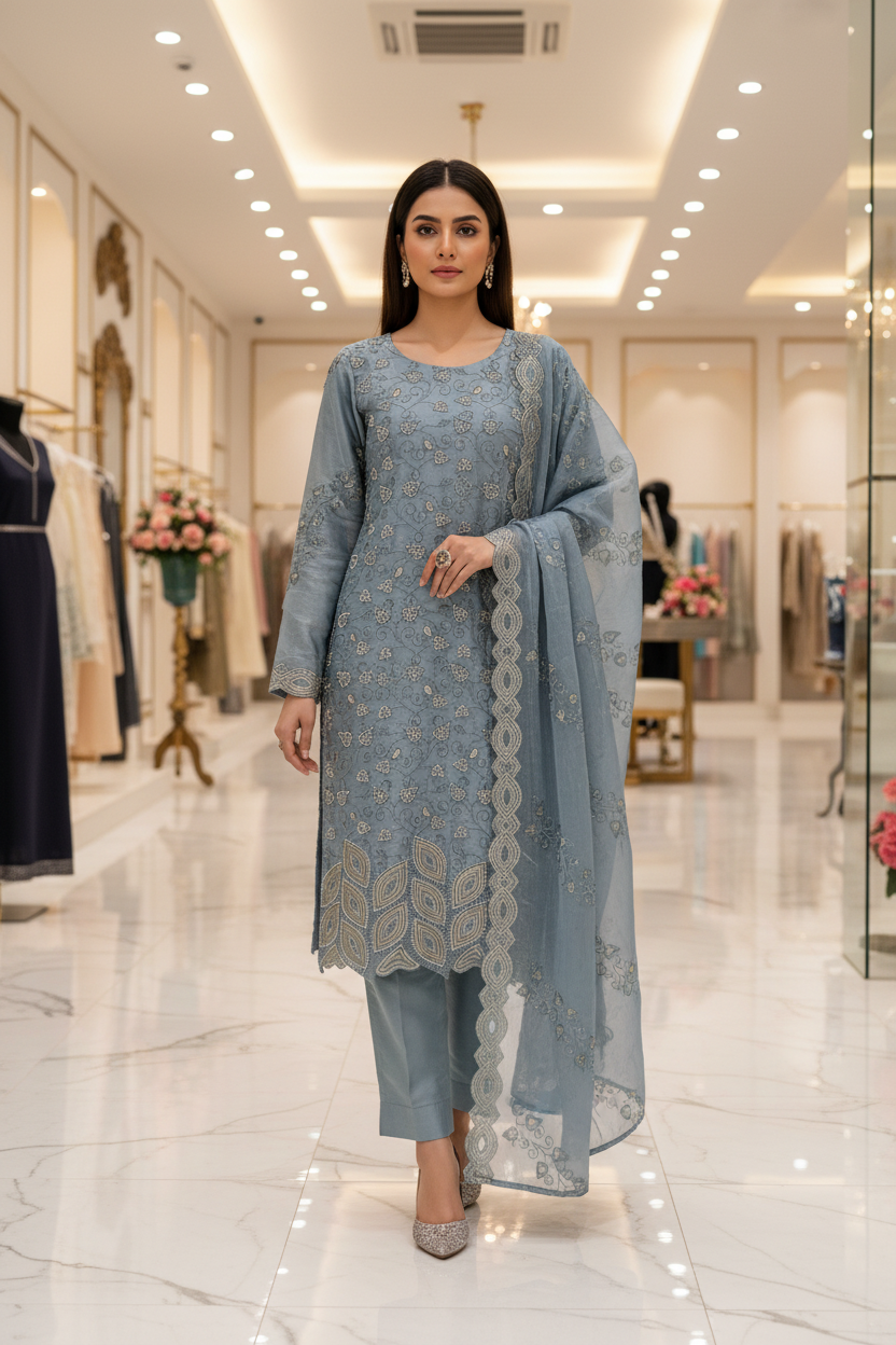 Ethereal Beads and Pearl Shalwar Kameez | Shimmer Silk with Cutwork Details in Egyptian Teal, Black and Pink Lemonade