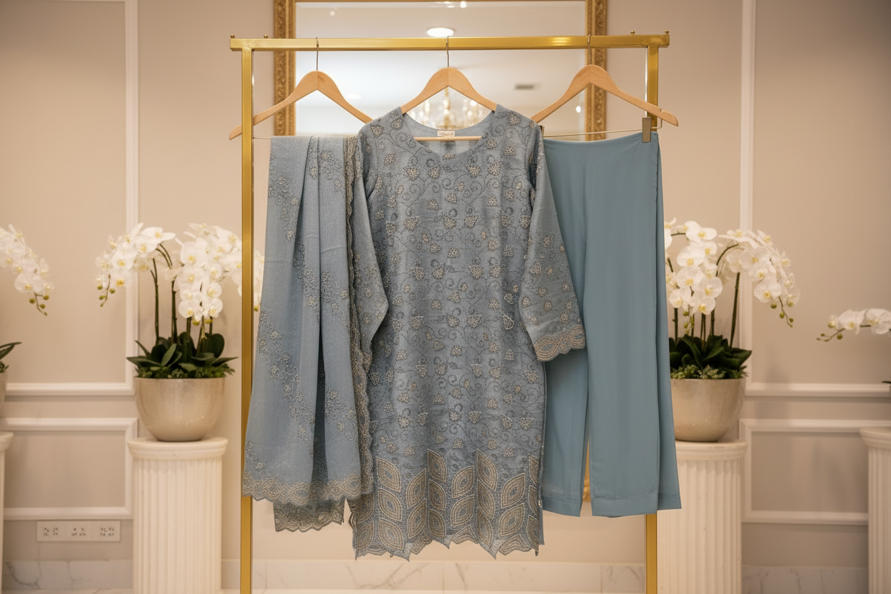 Ethereal Beads and Pearl Shalwar Kameez | Shimmer Silk with Cutwork Details in Egyptian Teal, Black and Pink Lemonade