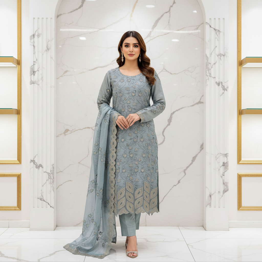 Ethereal Beads and Pearl Shalwar Kameez | Shimmer Silk with Cutwork Details in Egyptian Teal, Black and Pink Lemonade