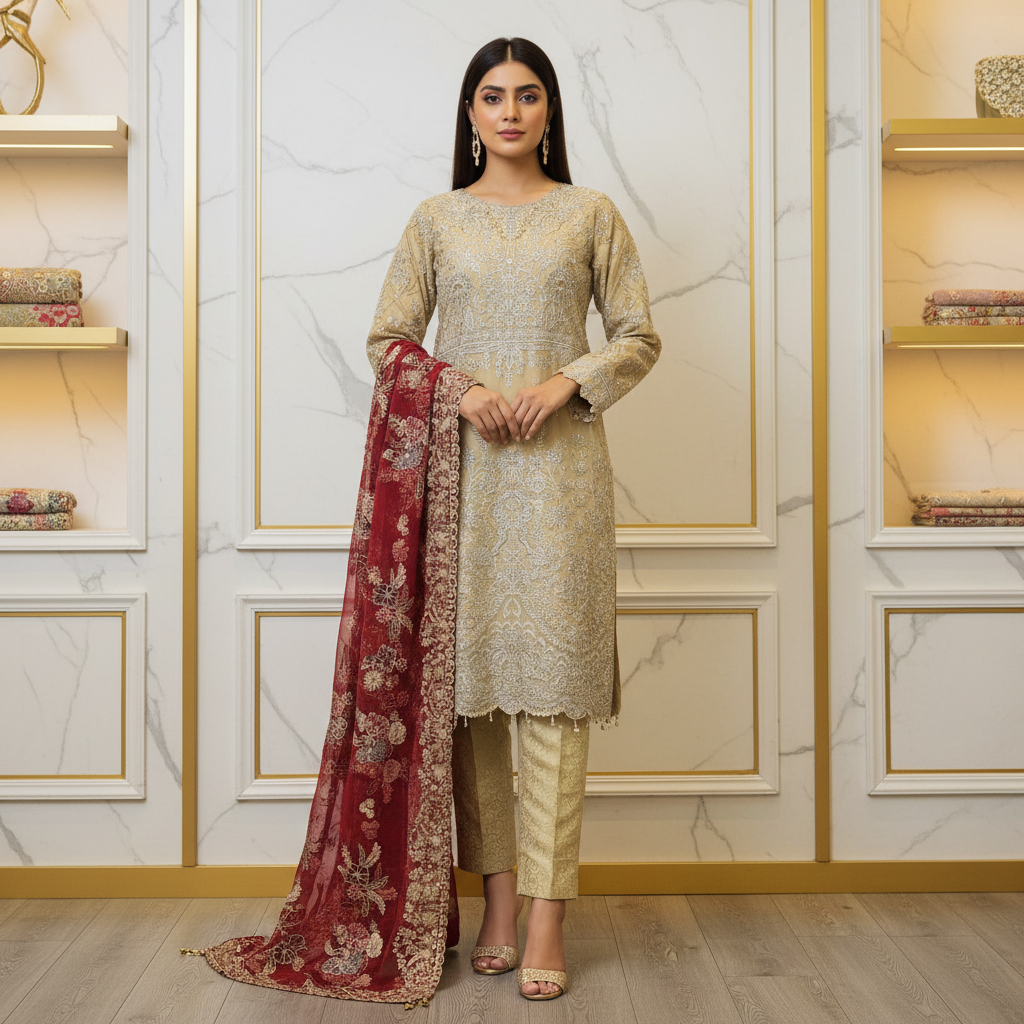 The Complete Eight: Luxury Embroidered Chiffon Suit with Self Jacquard Trousers – 8 Colourways