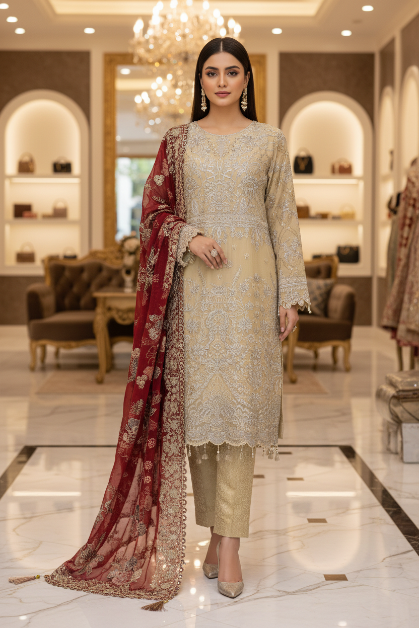 The Complete Eight: Luxury Embroidered Chiffon Suit with Self Jacquard Trousers – 8 Colourways