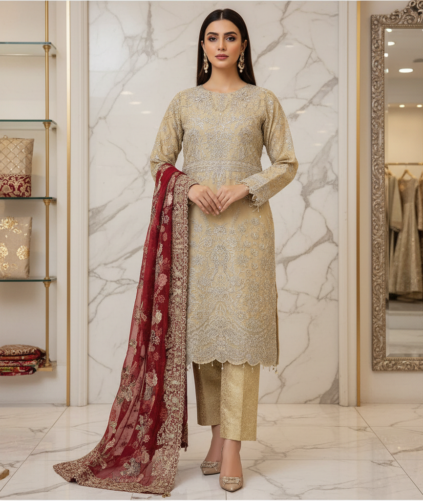 The Complete Eight: Luxury Embroidered Chiffon Suit with Self Jacquard Trousers – 8 Colourways