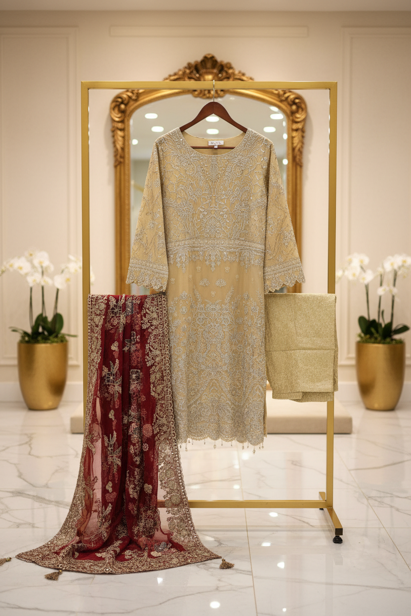 The Complete Eight: Luxury Embroidered Chiffon Suit with Self Jacquard Trousers – 8 Colourways