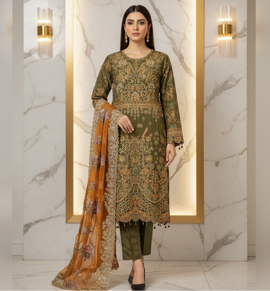 The Complete Eight: Luxury Embroidered Chiffon Suit with Self Jacquard Trousers – 8 Colourways