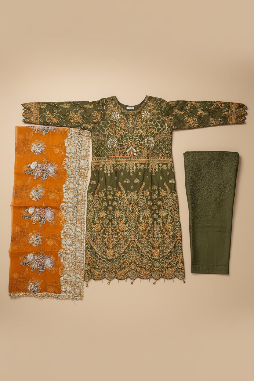 The Complete Eight: Luxury Embroidered Chiffon Suit with Self Jacquard Trousers – 8 Colourways