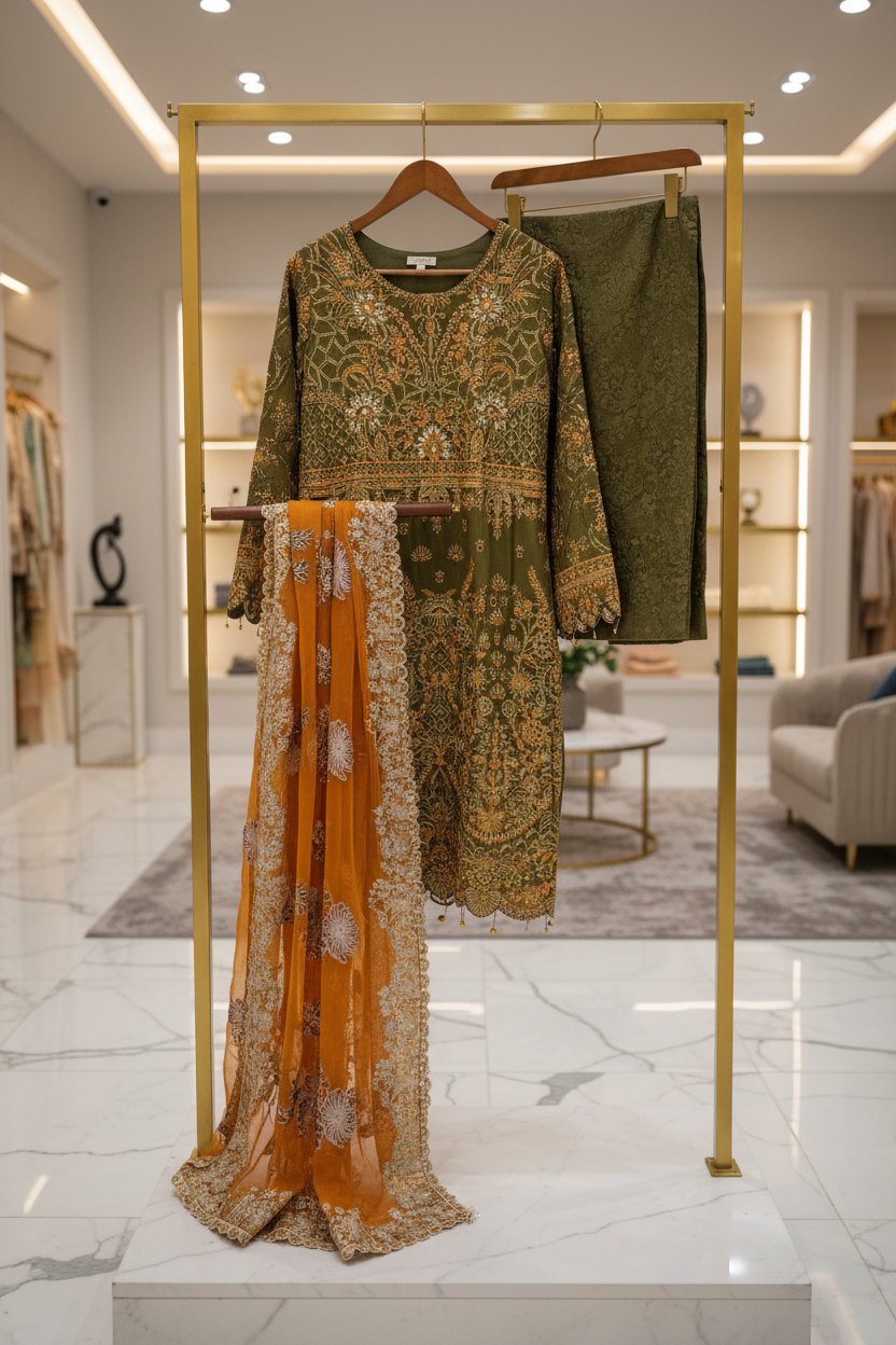 The Complete Eight: Luxury Embroidered Chiffon Suit with Self Jacquard Trousers – 8 Colourways