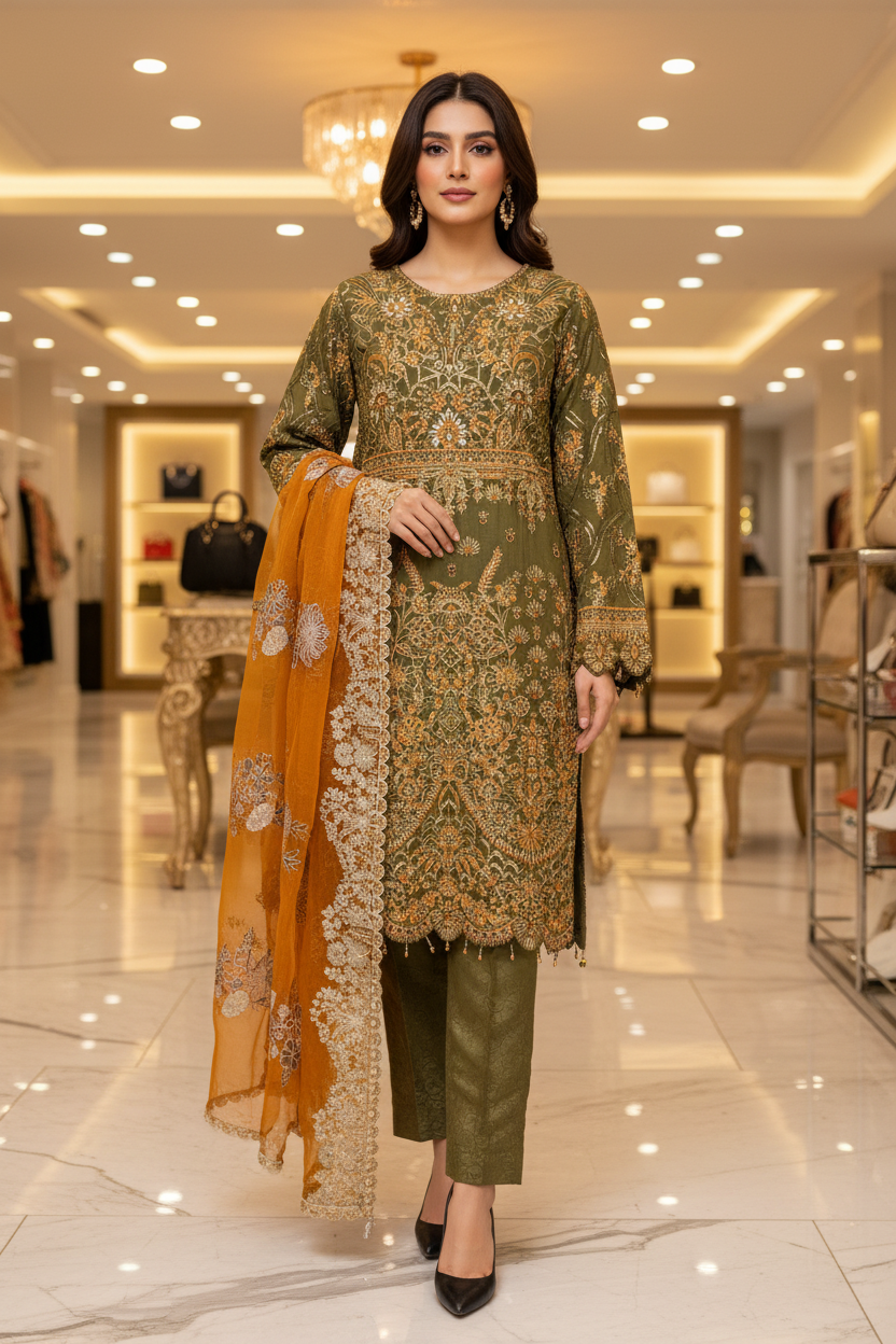 The Complete Eight: Luxury Embroidered Chiffon Suit with Self Jacquard Trousers – 8 Colourways
